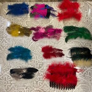 10pc Feather Hair Comb Clips Blue Pink Red Green Yellow Black Rhinestone Accents